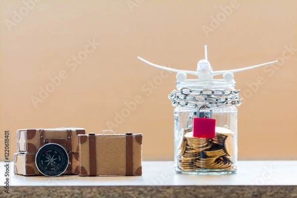 Obraz Plane model put on the jar bank wallet and luggage put on the desk in the office for saving money for budget with travel planning concept.