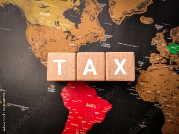 Fototapeta Top view wooden block with the word TAX on a world map background