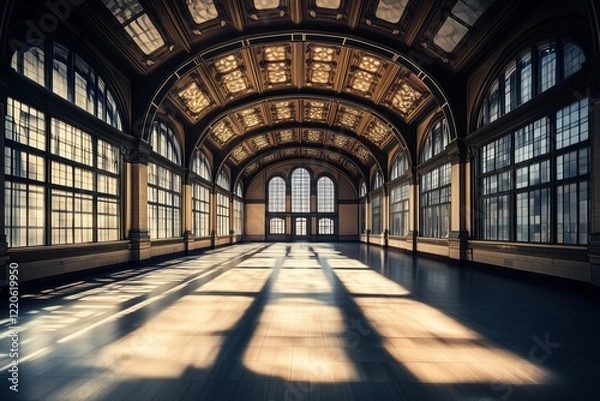Fototapeta A spacious, elegantly designed interior with high ceilings and large arched windows. The sunlight casts intricate shadows on the polished floor, highlighting the architectural details.