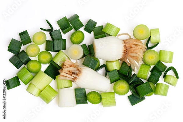 Fototapeta Top view spring onions, leaves and roots on white background.
