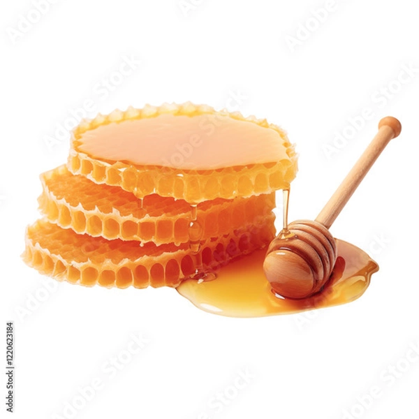 Fototapeta Fresh honeycomb with honey dripping, honey stick isolated on transparent background.
