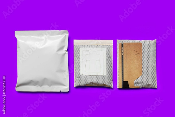 Fototapeta Packaging drip bag, three simple coffee isolated on colorful background. Mock up, empty plastic pack. place template for text, logo