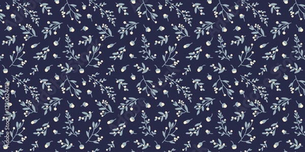 Fototapeta Hand-drawn botanical motif in navy, dusty blue and cream. Seamless pattern. 