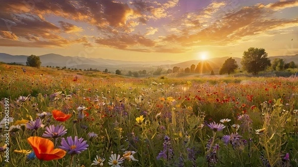 Fototapeta A sprawling meadow filled with colorful wildflowers like daisies, poppies, and lavender, under a golden sunset sky. Butterflies and bees are visible, evoking feelings of tranquility and biodiversity