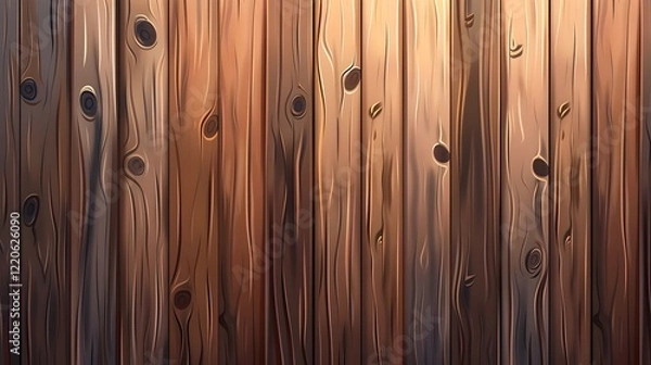 Fototapeta A hyper-realistic image of a vertical wooden plank wall, featuring evenly spaced boards with a natural brown tone. Each plank has visible wood grain, knots, and subtle imperfections like scratches