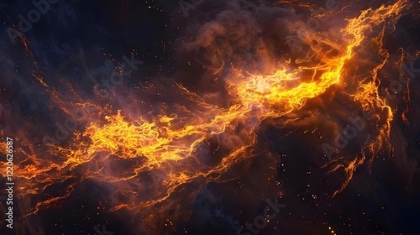Fototapeta A hyper-realistic image of intense orange and yellow flames, captured in motion against a dark black background. The fire is dynamic, with swirling shapes and delicate details of heat waves