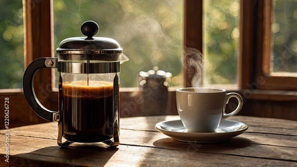 Fototapeta A steaming cup of freshly brewed coffee placed on a wooden table near a cozy window with soft morning light streaming in. Coffee beans and a vintage French press are scattered around