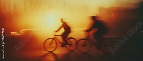 Fototapeta Silhouettes of cyclists speed through a warm, glowing haze, creating an impressionistic blend of movement and light.