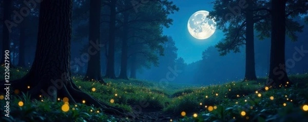Fototapeta Forest floor illuminated by the soft glow of fireflies and the light of a full moon, nighttime, scenery