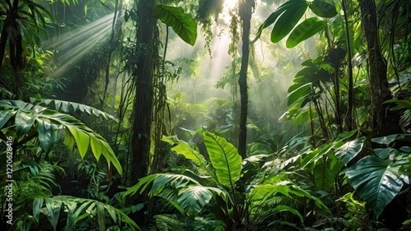 Fototapeta A vibrant and dense tropical rainforest with sunlight streaming through the canopy, highlighting various exotic plants and large green leaves. Mist rises in the background, creating a dreamy