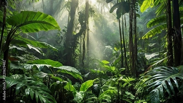 Fototapeta A vibrant and dense tropical rainforest with sunlight streaming through the canopy, highlighting various exotic plants and large green leaves. Mist rises in the background, creating a dreamy