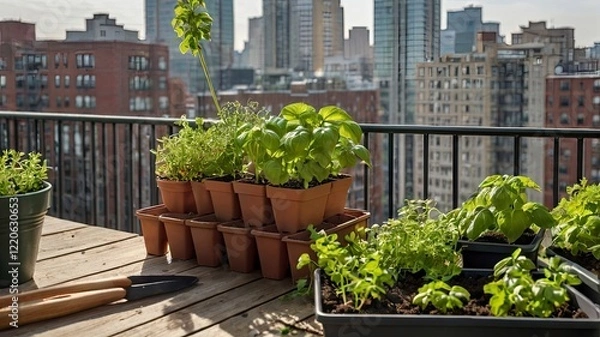 Fototapeta pair of hands planting herbs like basil and parsley in small pots on a balcony, with gardening tools, soil, and a watering can in view. The background shows an urban cityscape.