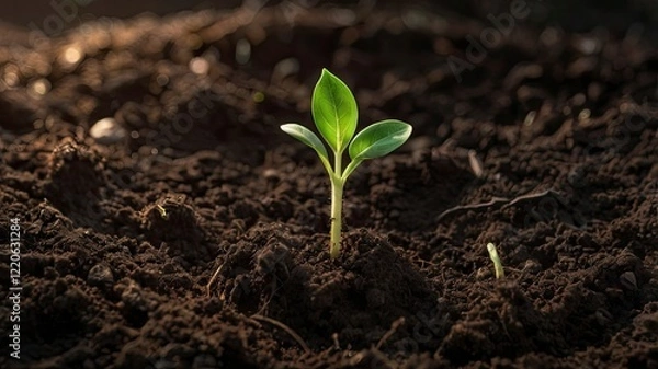 Fototapeta A macro shot of a single green seedling emerging from rich, dark soil, with soft morning light illuminating the sprout. The image symbolizes growth, sustainability, and new beginnings