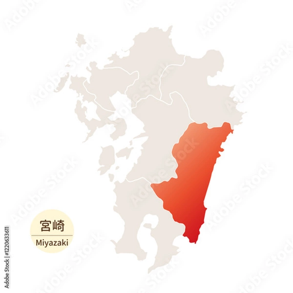 Obraz 宮崎県の明るく美しい地図、九州地方の中の宮崎県
