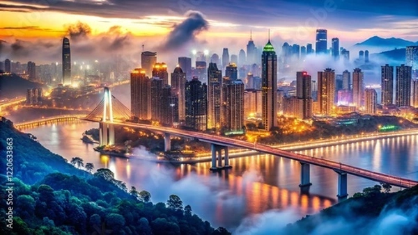 Fototapeta Chongqing Cityscape Double Exposure: Modern Architecture & Misty Mountains