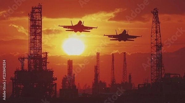 Obraz Fighter jets patrol desert oil rigs during breathtaking sunset over resource-rich landscape