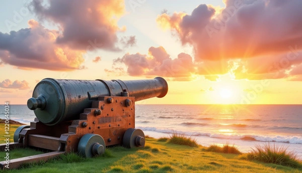 Fototapeta Historic cannon overlooking ocean at sunset, nostalgia and tranquility
