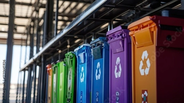 Fototapeta A recycling facility with vibrant signage and clearly marked bins for various waste types.