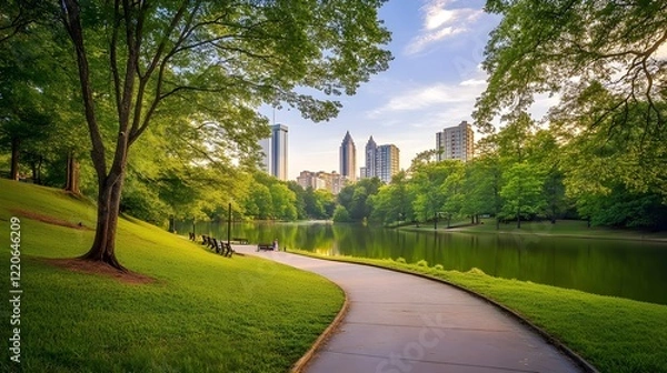 Fototapeta Serene View of Piedmont Park in Atlanta with City Skyline