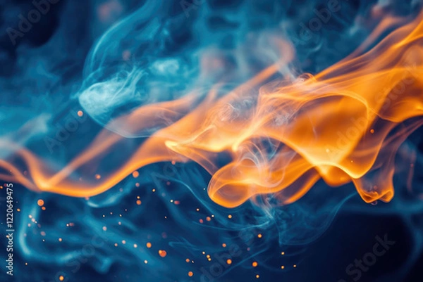 Fototapeta Abstract image of swirling orange and blue smoke with sparks, creating a fiery, ethereal effect.