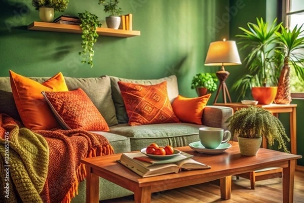 Fototapeta Cozy Green Living Room with Vibrant Orange Accents - Stock Photo
