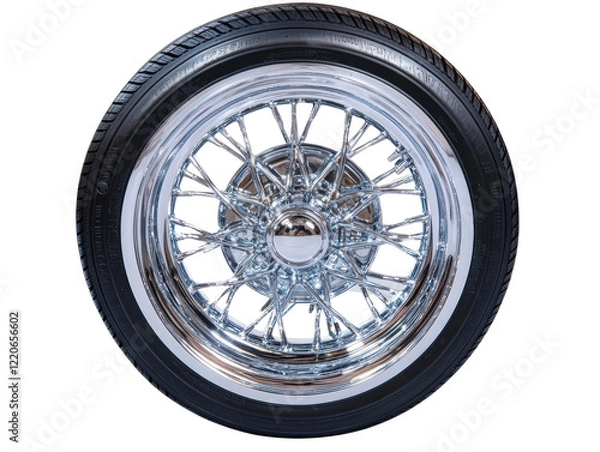 Fototapeta Isolated Chrome Wire Wheel on a Tire on White Background