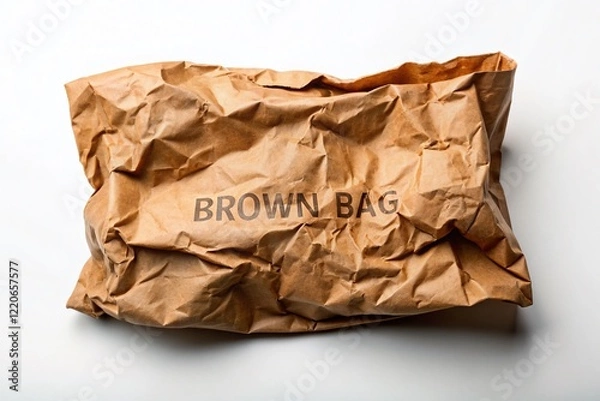 Fototapeta Crumpled Brown Paper Bag on White Background - Copy Space for Text or Design