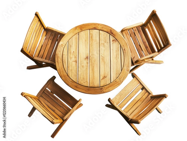 Fototapeta Isolated Wooden Outdoor Dining Set with Round Table and Chairs