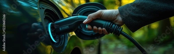 Fototapeta Close-up of hand connecting charging cable to electric vehicle in natural setting