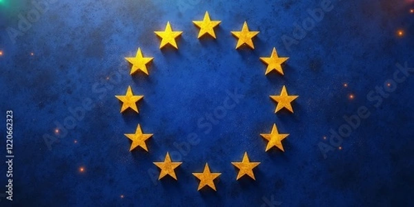 Fototapeta Twelve gold stars in a circle on a blue background with orange lights
