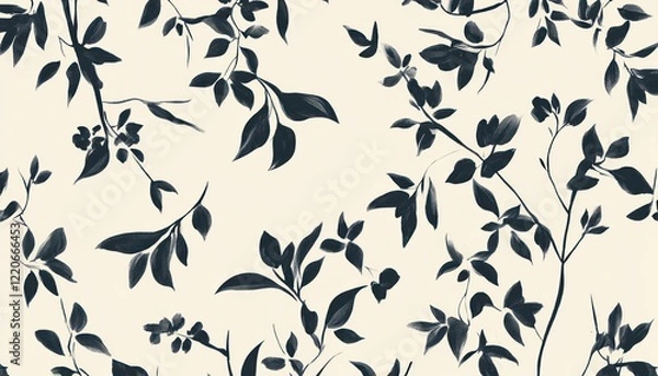 Fototapeta Elegant Dark Blue Leaves and Branches on Cream Background Seamless Pattern
