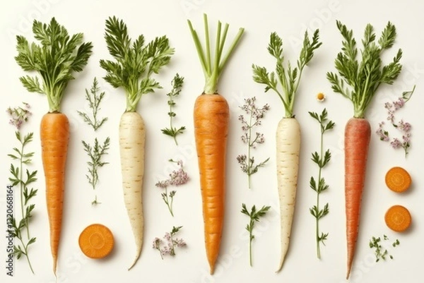 Fototapeta Carrot Halves Arranged Symmetrically on a White Cutting Board With Minimal Shadows and Fresh Herbs