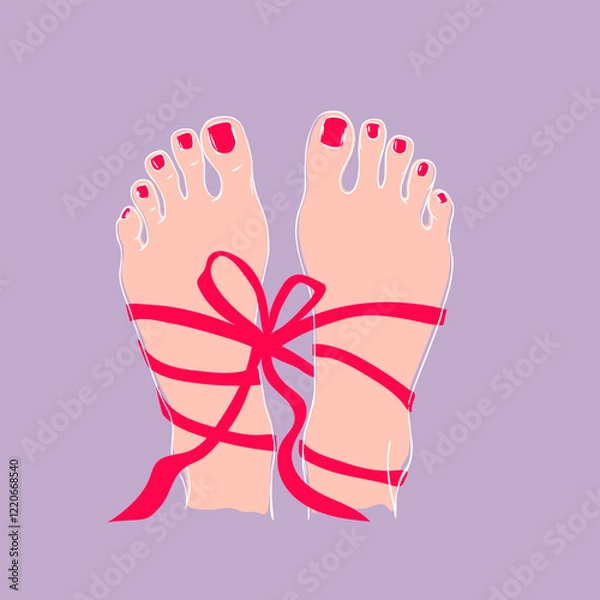Obraz Feet of women's legs with painted nails and tied with a ribbon. Beautiful pedicure in the form of a gift.