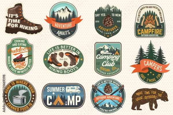Fototapeta Set of Summer camp and hiking patches, badges. Vector. Concept for shirt or logo, print, stamp, patch or tee. Design with mountain, forest, hiking boots, rv trailer, camping tent, campfire.