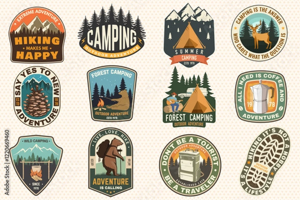 Fototapeta Set of Summer camp and hiking patches, badges. Vector. Concept for shirt or logo, print, stamp, patch or tee. Design with camping tent, campfire, man with guitar, bear, mountain and forest.