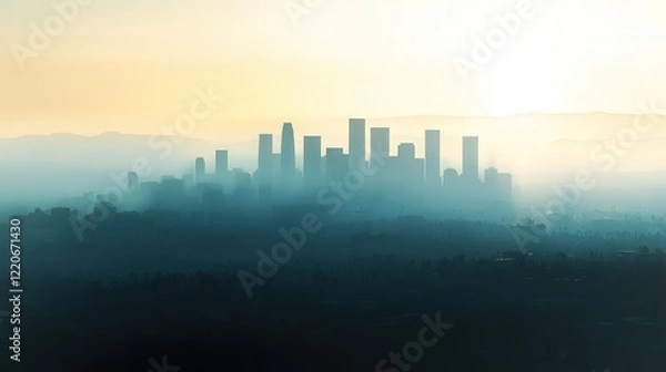 Fototapeta city skyline shrouded in a dense haze, illustrating the heavy concentration of PM2.5 dust in the air. --ar 16:9 --v 6.1 Job ID: 0849e0a6-b7f2-4fdc-af8c-