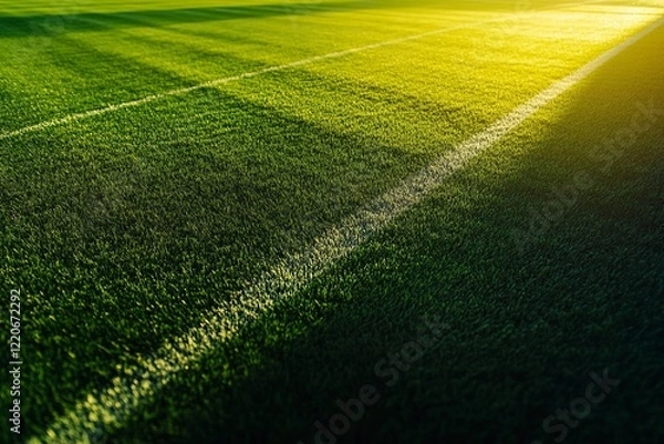 Fototapeta Smooth green grass, well-groomed lawn on a sunny day. Natural background of yellow-green grass in the sun. Stadium grass. Top view of garden background, bright grass concept, lawn for sports field