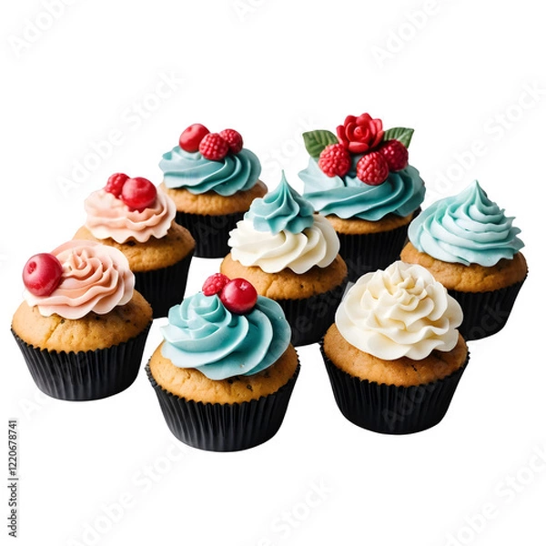 Fototapeta A row of beautifully decorated cupcakes on a transparent background PNG