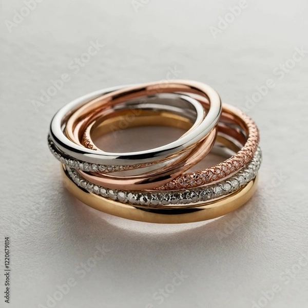 Fototapeta "A stack of mixed metal rings (gold, silver, and rose gold) arranged in a spiral on a pristine white surface."