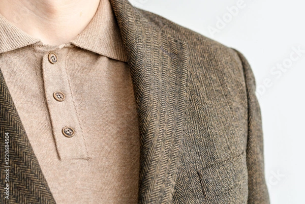 Fototapeta Close up of men casual outwear, dark brown tweed blazer combined with light beige polo.  Selective focus.