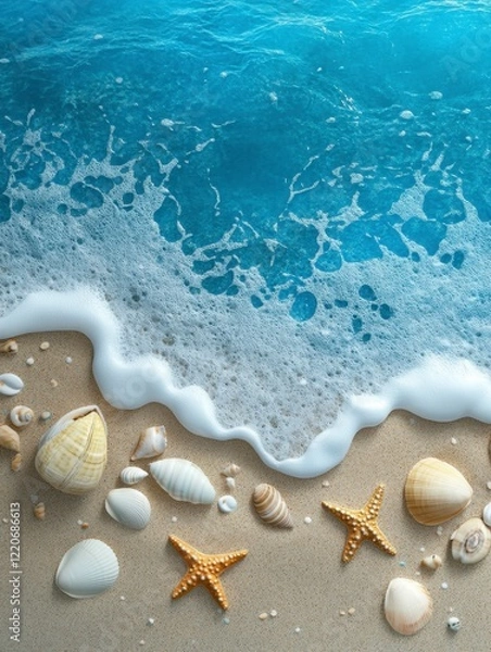 Obraz Beach scene with starfish and seashells coastal setting nature photography sunny day aerial view tranquil concept