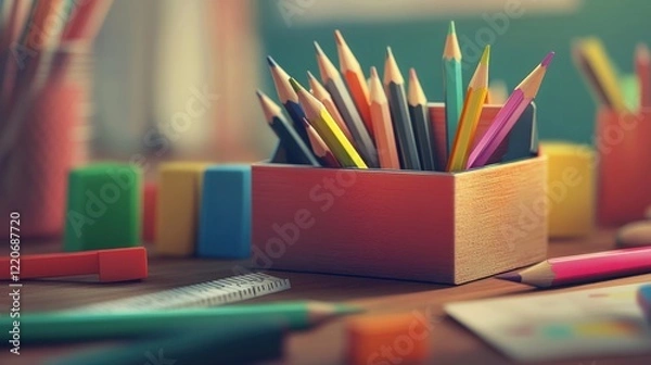 Fototapeta Wooden box filled with various colored pencils arranged neatly on a wooden surface