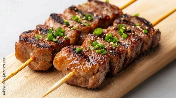 Obraz Grilled skewers of meat garnished with green onions on a wooden board.