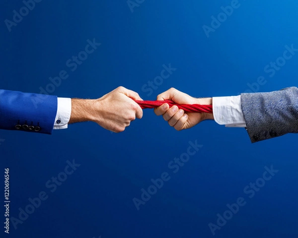 Obraz Intense Tug of War Hands Grasping Red Rope Against Blue Background