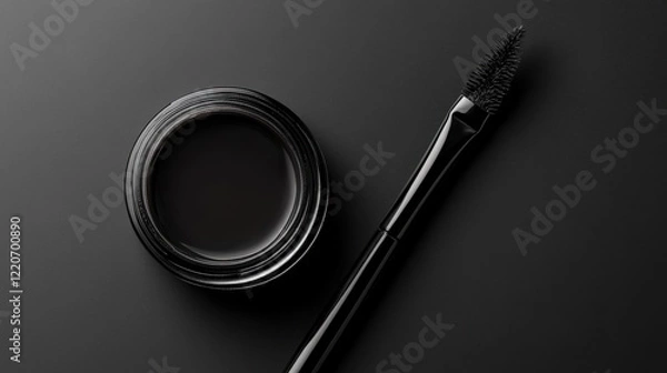Fototapeta A creamy gel eyeliner jar with its lid off, placed next to an angled eyeliner brush.