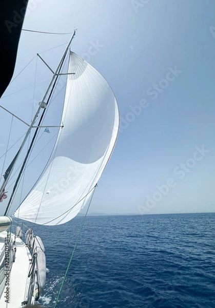 Fototapeta Sailboat with white sail in calm blue sea under clear sky.