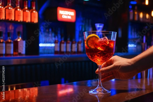 Fototapeta man hand hold glass red coktail in bar