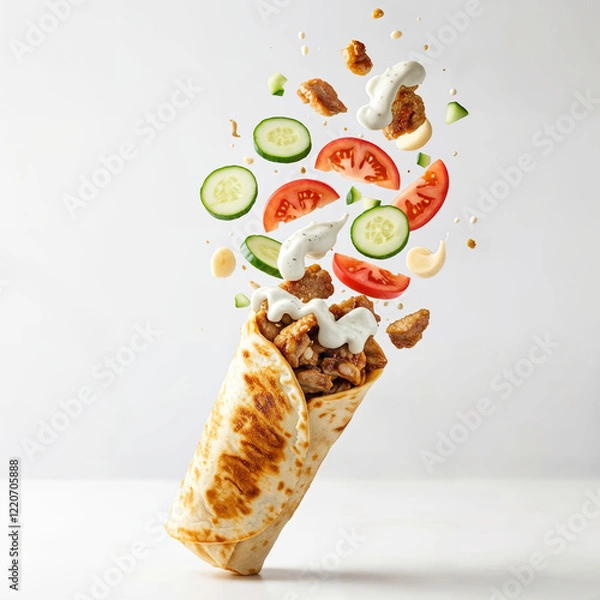 Fototapeta Doner kebab or shawarma with ingredients floating in the air: beef meat, lettuce, onion, tomatos, spice. White background. Copy space.