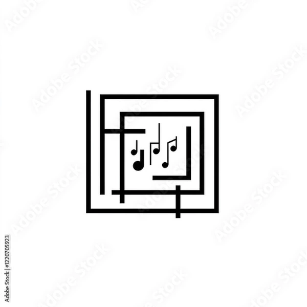 Fototapeta An artistic logo with a rectangular frame mimicking a camera viewfinder, incorporating small musical note icons inside, sleek and minimal