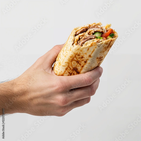 Fototapeta Man holding tasty chicken shawarma on white background, closeup